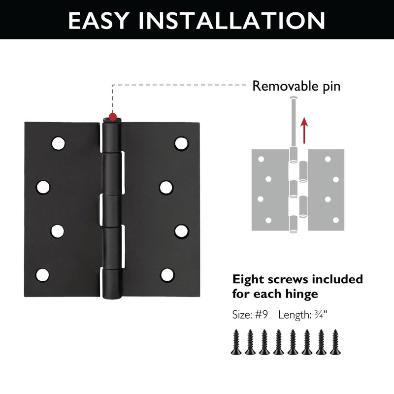 Design House Door Hinges for Interior Doors 3-Pack 4-inch x 4-inch, Design House Square Corner Steel Door Hinge Door Hardware, Matte Black, 188987 - Image 3